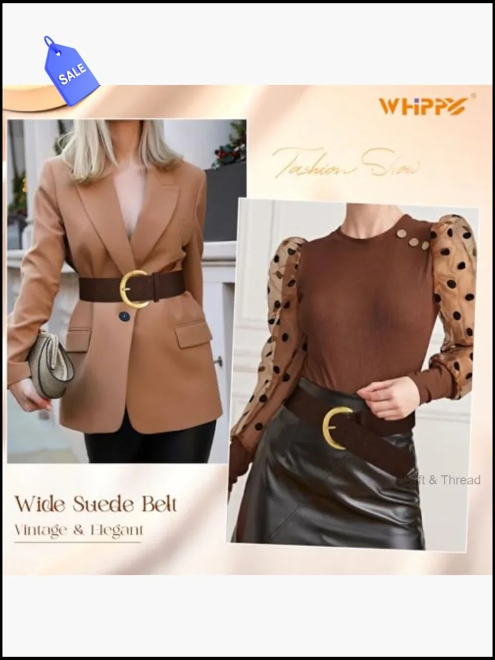 Wide Suede Belt with Gold Buckle Faux Leather